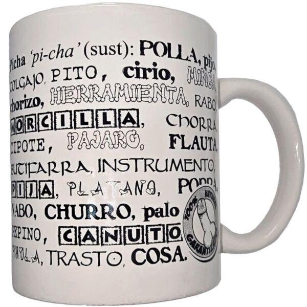 Weisse Keramiktasse Diablo Picante mit 370 ml und Penis-Synonymen in schwarzer Schrift
