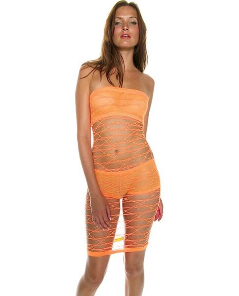 Netzkleid Music Legs Orange, Minikleid mit Top und Hotpants darunter