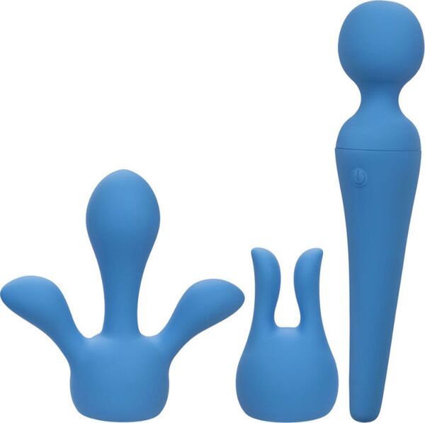 Massagestab Couture Collection Body Wand Kit von CalExotics, blau, mit seinen zwei Aufsätzen