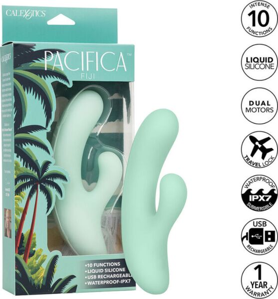 G-Punkt-Vibrator CalExotics Pacifica Fiji aus transparentem grünem Silikon, mit gebogenem Schaft und zweitem Stimulator