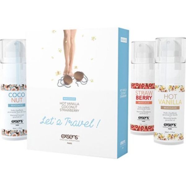 Massageöl-Set Exsens Warming Gourmet Let's Travel mit drei Spendern in Erdbeere, Kokos und Vanille