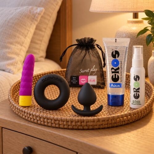 Sextoy-Basisset mit Bullet-Vibrator, Ring, Plug und Würfeln – Stimmungsbild (KI-generiertes Bild)