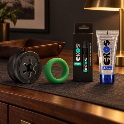 Männer-Set mit wiederverwendbarem Masturbator von Fun Factory, Ring und Spray – Stimmungsbild (KI-generiertes Bild)