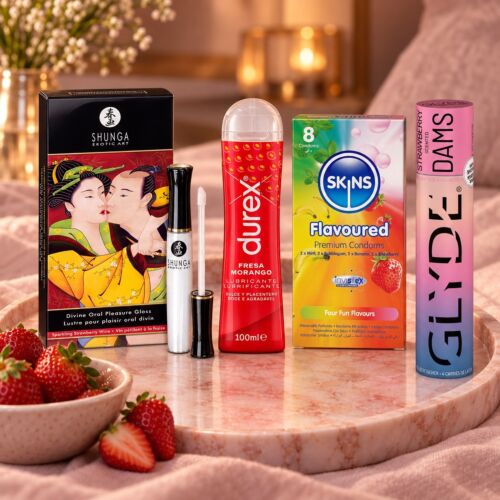 Oralsex-Set mit Lipgloss, Gleitgel und Kondomen mit Geschmack – Stimmungsbild (KI-generiertes Bild)
