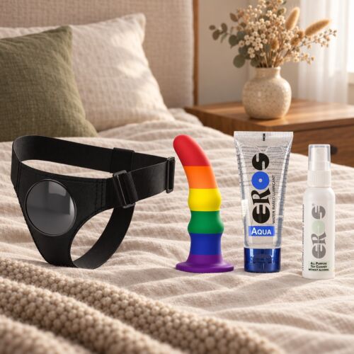 Strap-on-Set für Einsteiger mit Universal-Harness und Silikondildo – Stimmungsbild (KI-generiertes Bild)