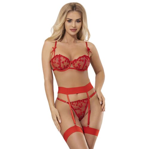 Sexy Lingerie Set SUBBLIME 954321 Herz Druck BH + Thong + Strapsgürtel