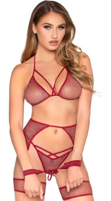 LEG AVENUE SETS 89362 Dessous Set Einheitsgrösse mit Top String Strapsgürtel Handschellen