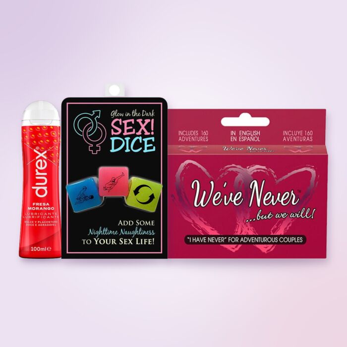 Pikantes Wichtelgeschenk-Set mit Karten, Würfeln und Erdbeer-Gleitgel