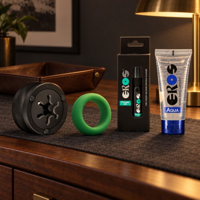 Männer-Set mit wiederverwendbarem Masturbator von Fun Factory, Ring und Spray – Stimmungsbild (KI-generiertes Bild)