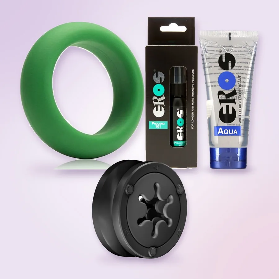 Der Masturbator Fun Factory IKU FLEX, der Ring Je Joue, das Spray Eros Prolong 101 und das Gleitgel EROS Aqua